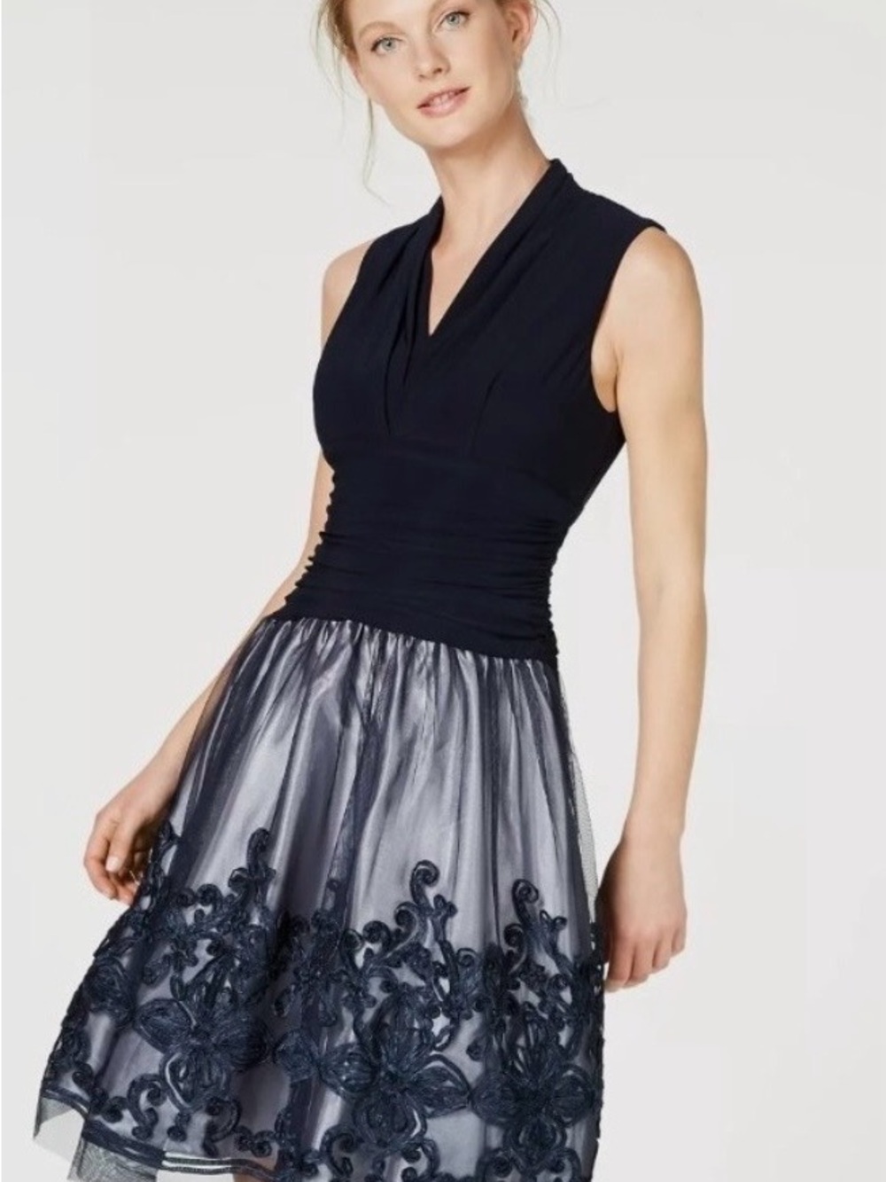 SLNY Illusion Soutache-Trim Party Dress - SZ 14 - Navy Blue